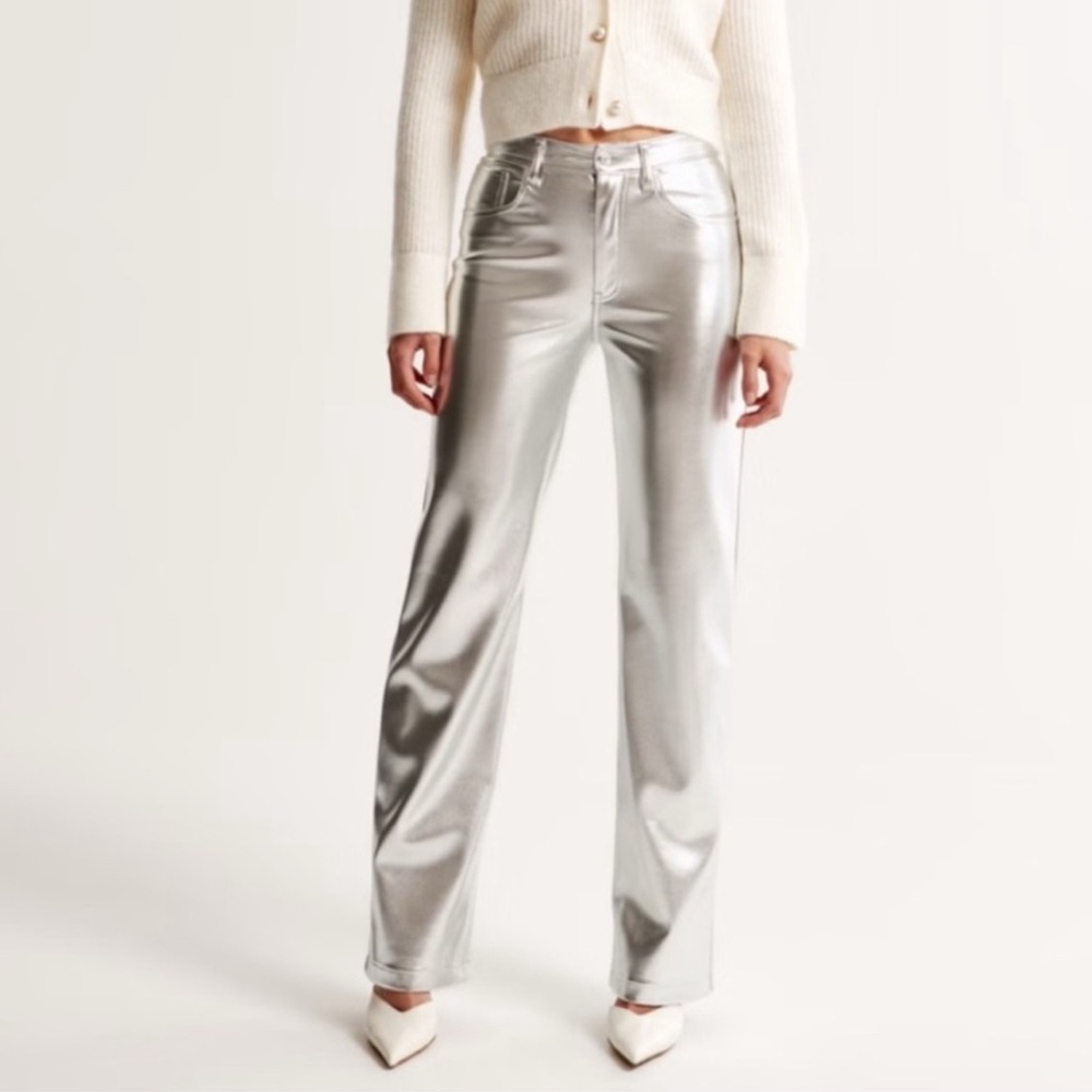 Abercrombie & Fitch Curve Love 90s Straight Ultra High Rise Silver Metallic Pant